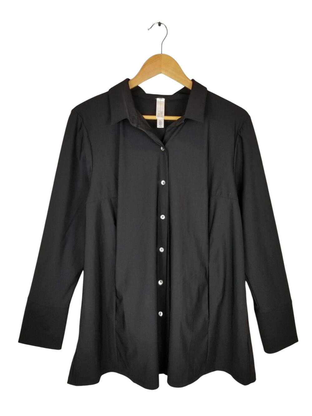 Marla Wynne Stretch Button Up Tunic Shirt Pleated Back Black Women's Size Large